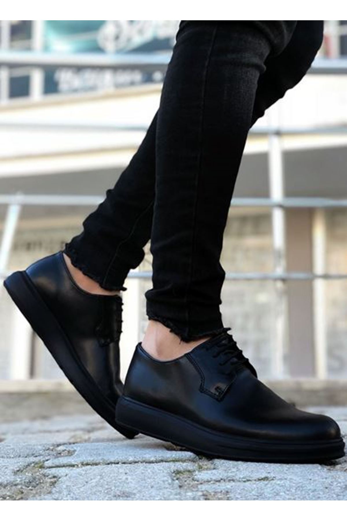 Boy Uzatan Gizli Topuk Klasik Model Deri Tarz Bağcıklı Siyah Erkek Ayakkabı