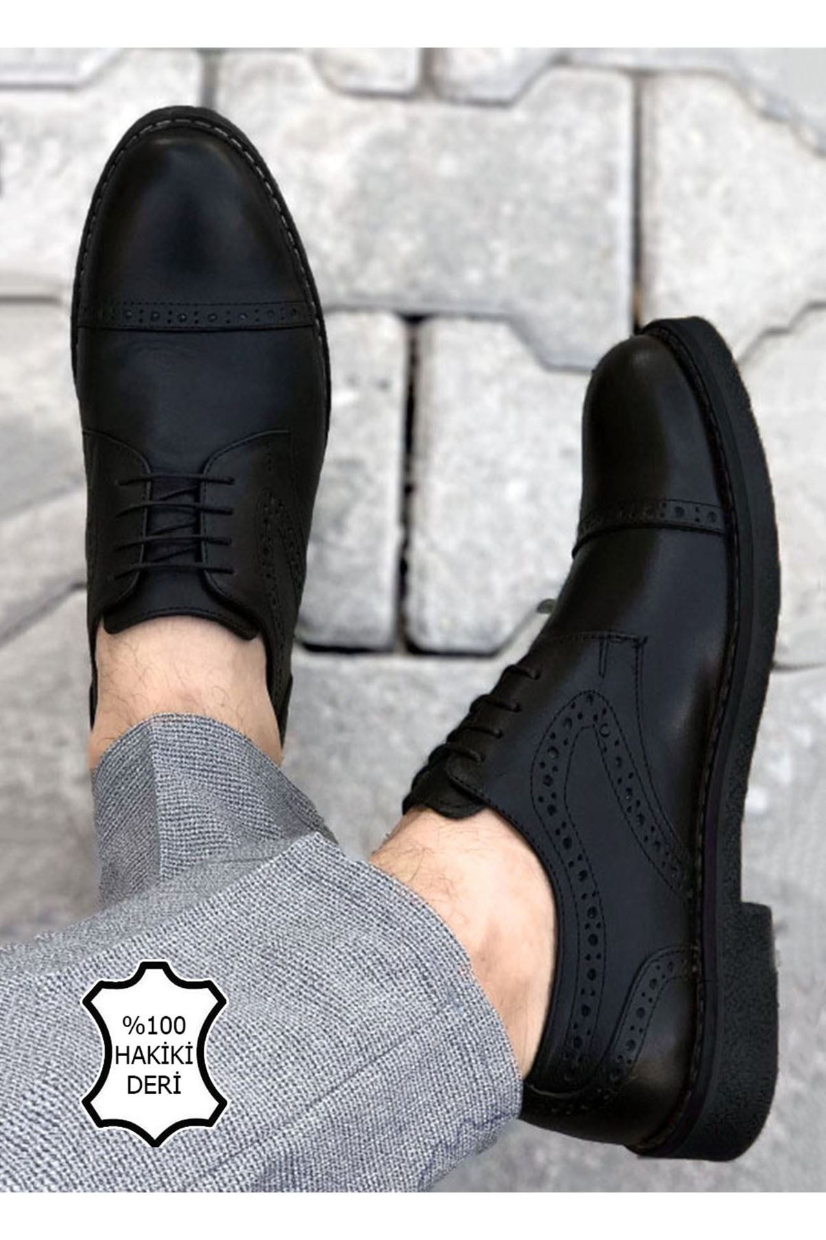 Boy Uzatan Gizli Topuk Siyah Hakiki Deri Desenli Erkek Klasik Ayakkabı