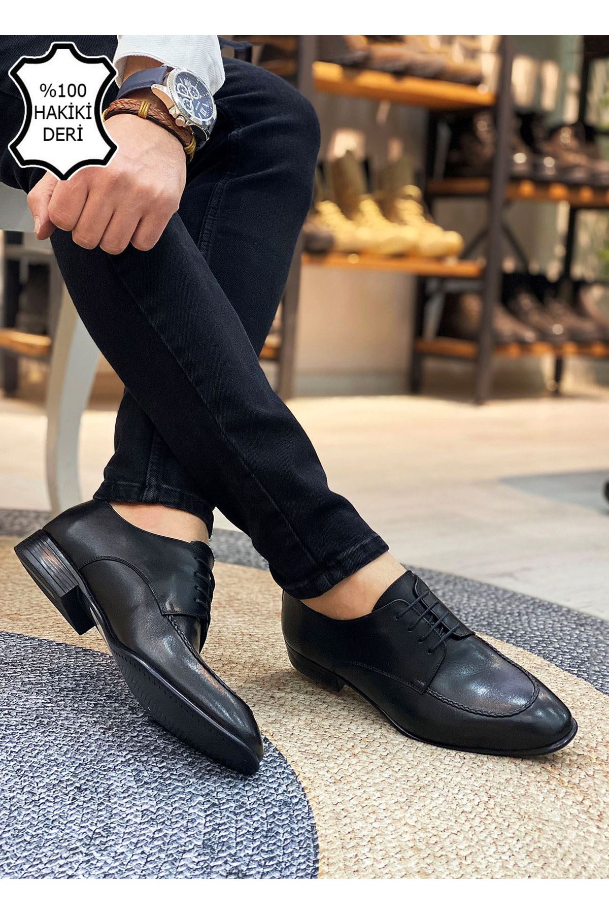 Boy Uzatan Gizli Topuk Siyah Hasır Saraçlı İtalyan Hakiki Deri Erkek Klasik Ayakkabı