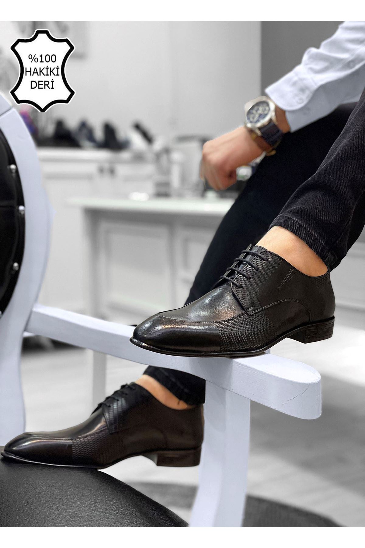 Boy Uzatan Gizli Topuk Siyah Lazer Baskı İtalyan Hakiki Deri Erkek Klasik Ayakkabı