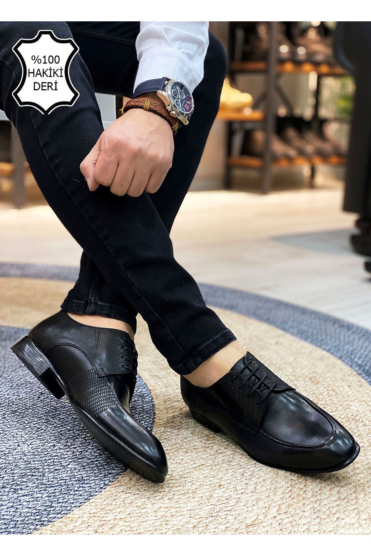Boy Uzatan Gizli Topuk Siyah Lazer Baskı İtalyan Hakiki Deri Erkek Klasik Ayakkabı