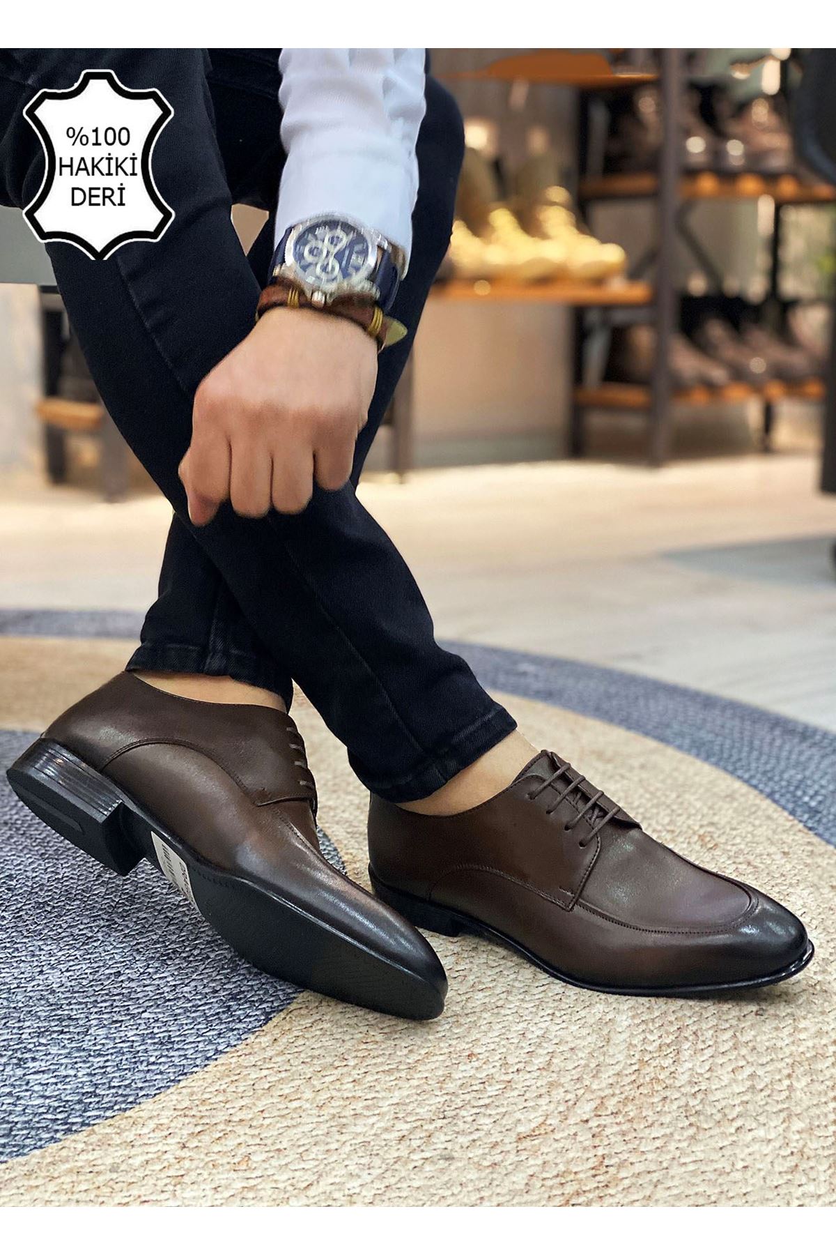 Boy Uzatan Gizli Topuk Kahve Saraçlı İtalyan Hakiki Deri Erkek Klasik Ayakkabı