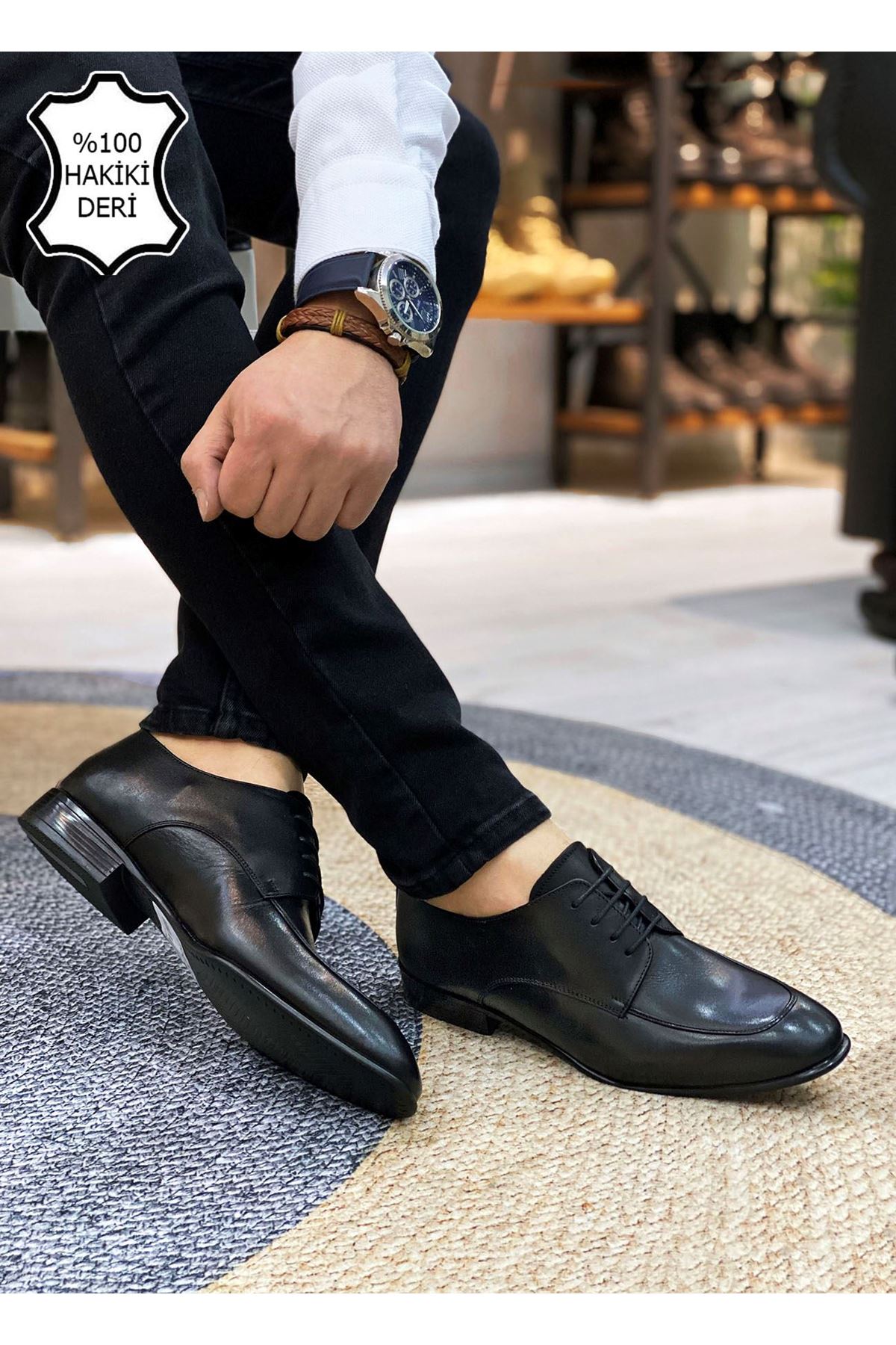 Boy Uzatan Gizli Topuk Siyah Saraçlı İtalyan Hakiki Deri Erkek Klasik Ayakkabı