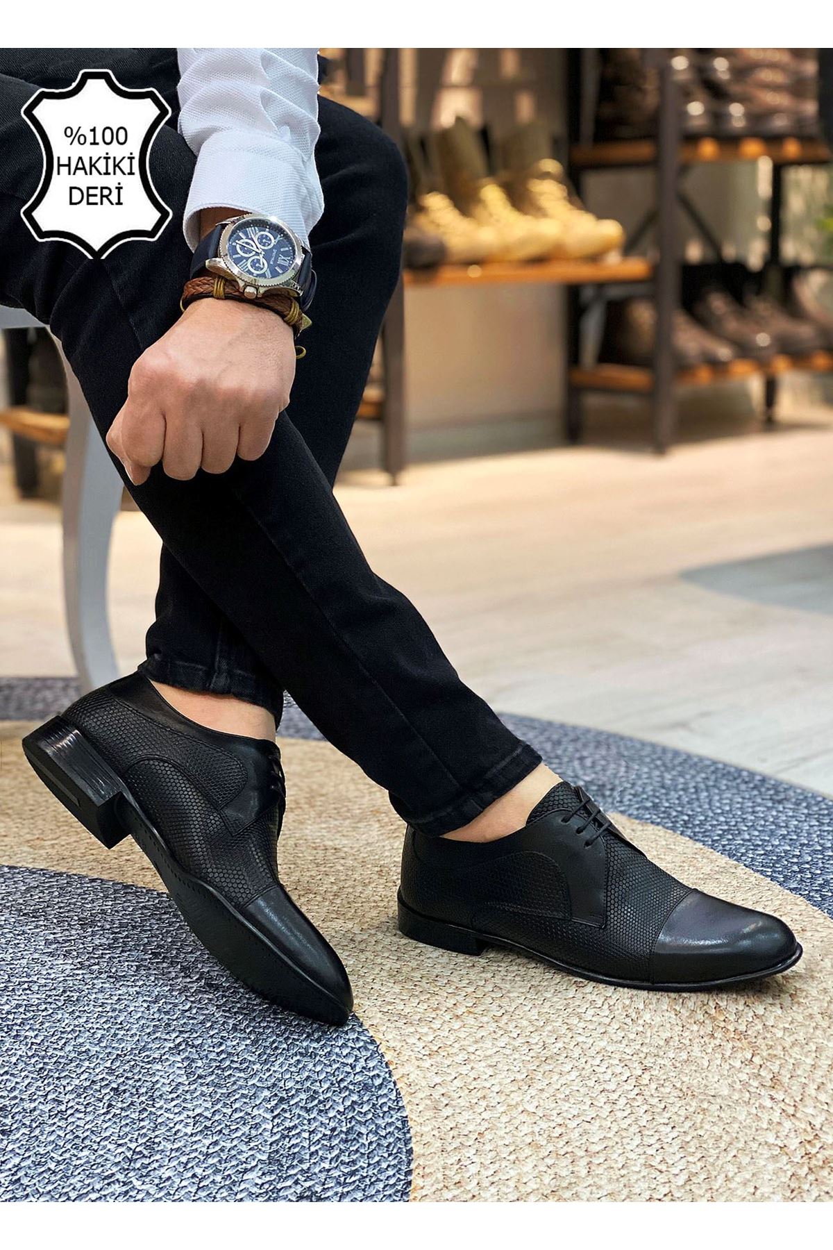 Boy Uzatan Gizli Topuk Siyah Armürlü İtalyan Hakiki Deri Erkek Klasik Ayakkabı