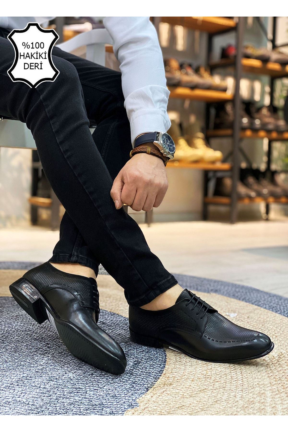 Boy Uzatan Gizli Topuk Siyah Hasır Desen İtalyan Hakiki Deri Erkek Klasik Ayakkabı