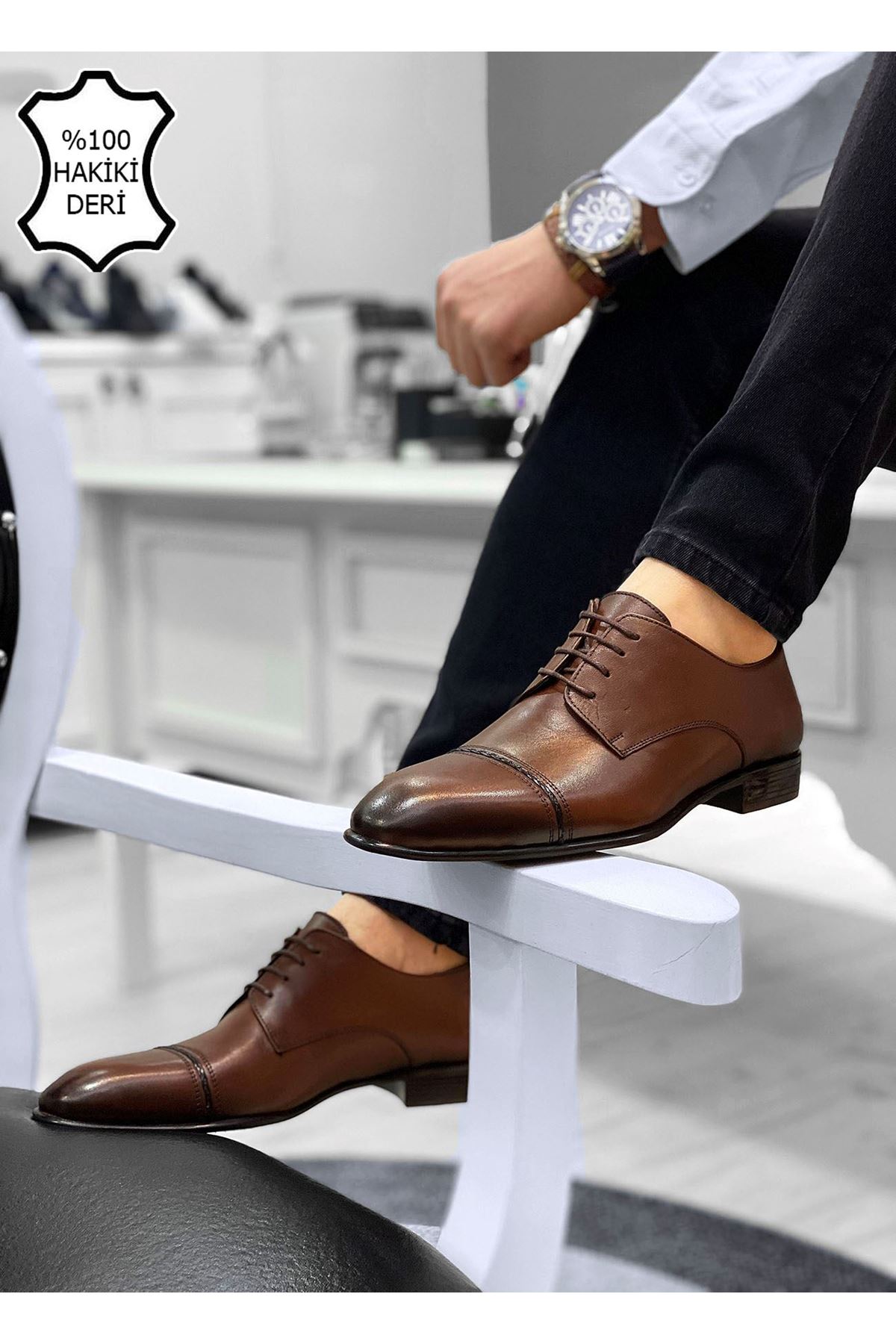 Boy Uzatan Gizli Topuk Taba Örgülü İtalyan Hakiki Deri Erkek Klasik Ayakkabı
