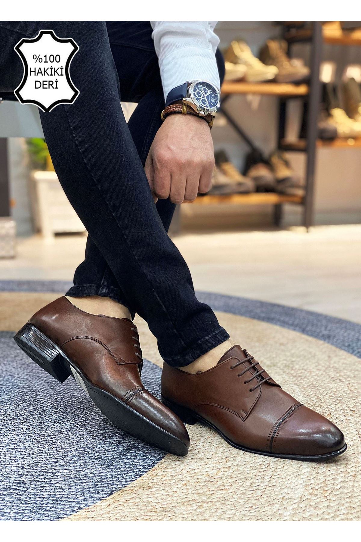 Boy Uzatan Gizli Topuk Taba Örgülü İtalyan Hakiki Deri Erkek Klasik Ayakkabı