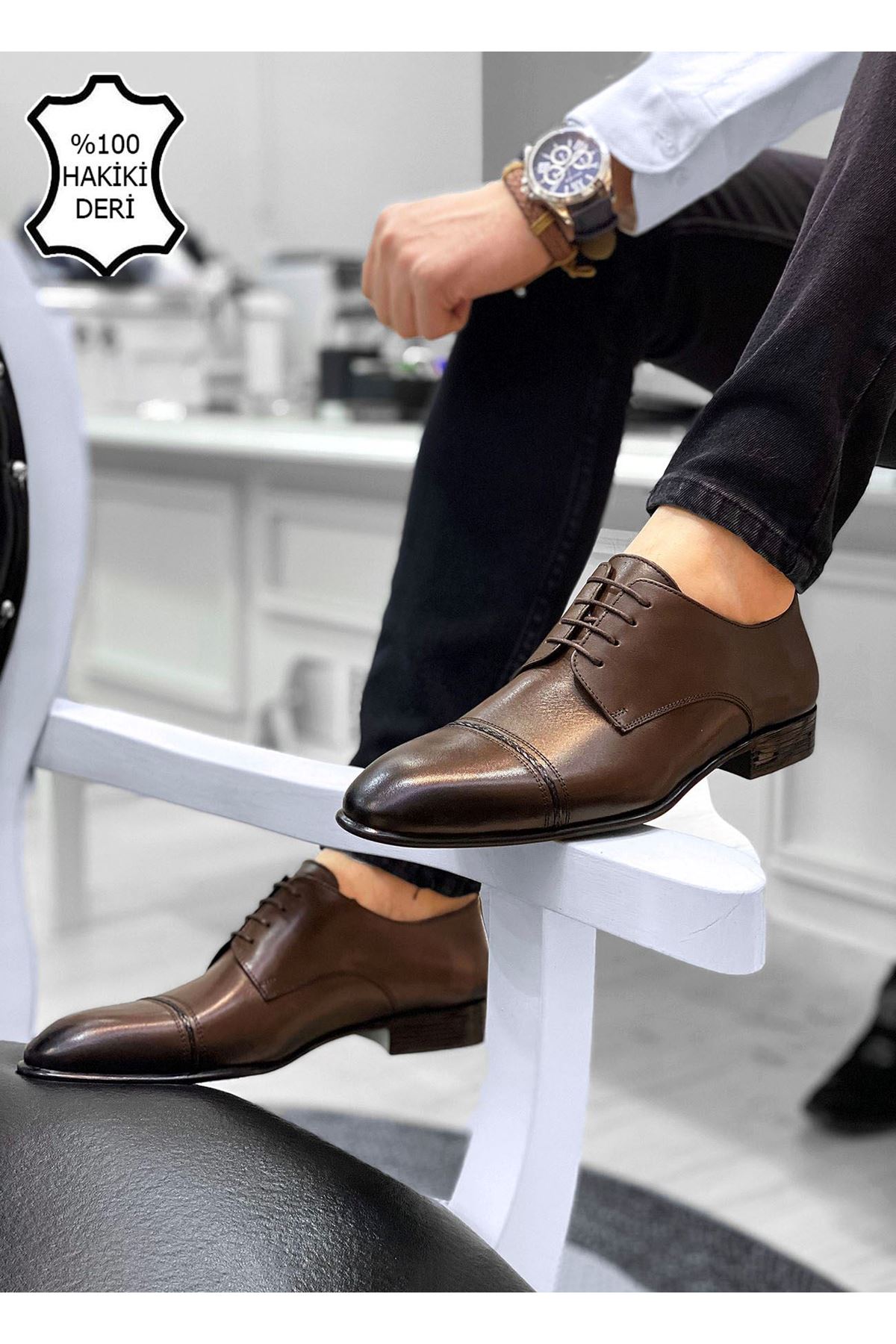 Boy Uzatan Gizli Topuk Kahve Örgülü İtalyan Hakiki Deri Erkek Klasik Ayakkabı
