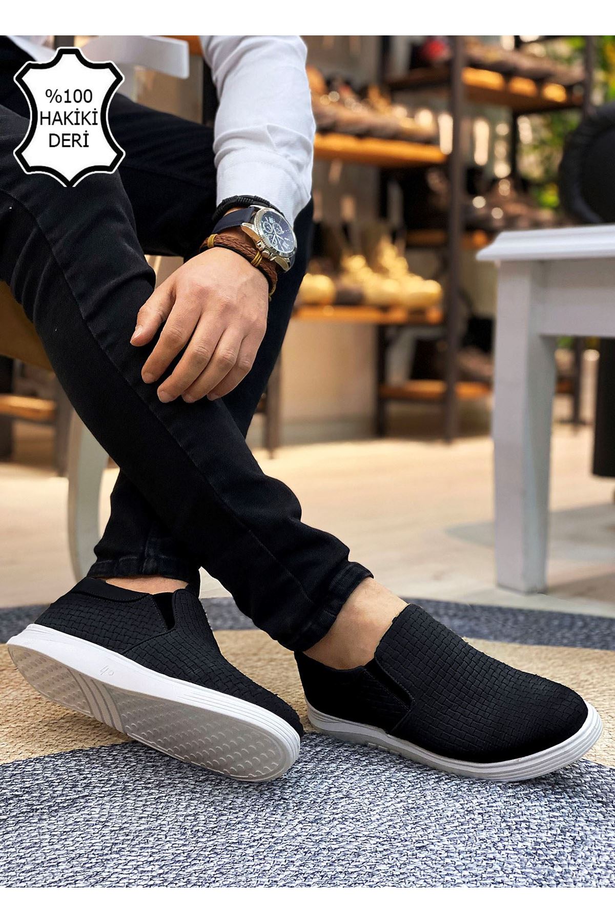 Boy Uzatan Gizli Topuk Siyah Hasır Desen Hakiki Deri Erkek Günlük Ayakkabı