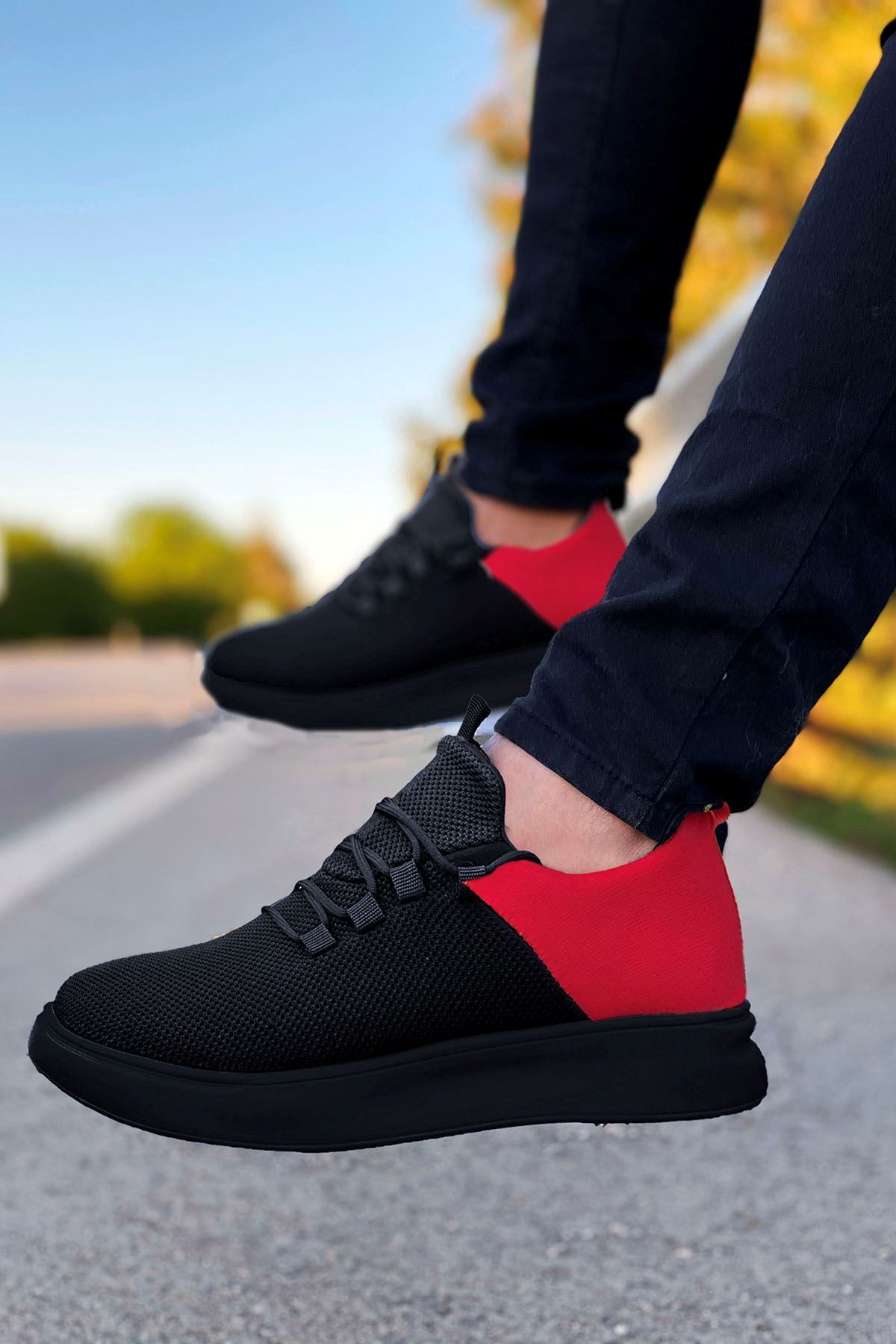 Boy Uzatan Gizli Topuk Siyah Kırmızı Erkek Triko Ayakkabı
