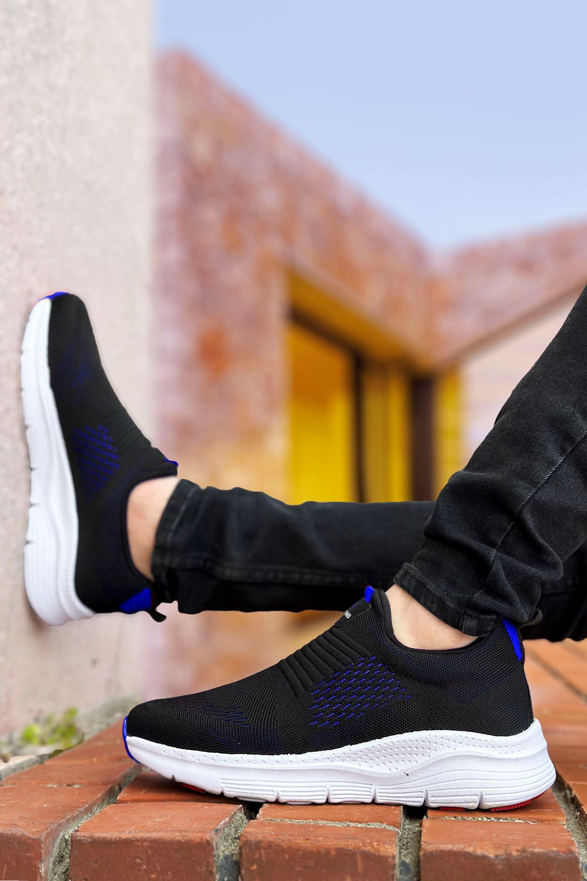 Boy Uzatan Gizli Topuk Siyah Mavi Slip-On Erkek Spor Ayakkabı