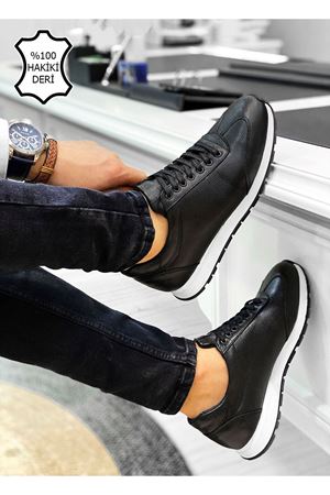 Boy Uzatan Gizli Topuk Siyah Beyaz Hakiki Deri Erkek Spor Ayakkabı