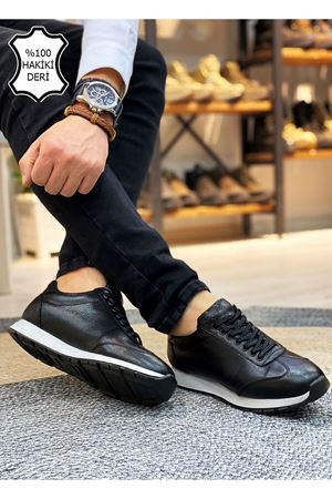 Boy Uzatan Gizli Topuk Siyah Beyaz Hakiki Deri Erkek Spor Ayakkabı