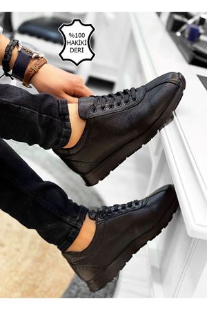 Boy Uzatan Gizli Topuk Siyah Hakiki Deri Erkek Spor Ayakkabı