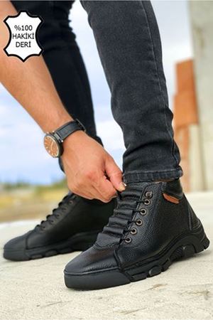 Boy Uzatan Gizli Topuk Siyah Merdiven Lastikli Hakiki Deri Erkek Bot