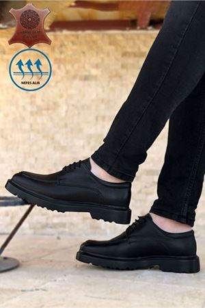 Boy Uzatan Gizli Topuk Siyah Antik Bağcıklı Hakiki Deri Erkek Klasik Ayakkabı