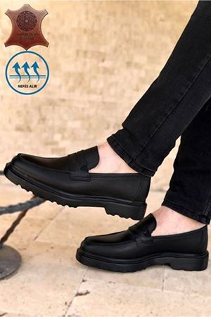 Boy Uzatan Gizli Topuk Siyah Antik Biyeli Hakiki Deri Erkek Klasik Ayakkabı
