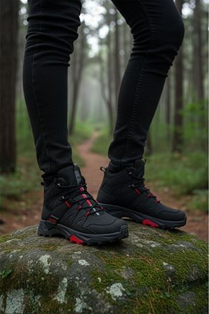 Boy Uzatan Gizli Topuk Siyah Kırmızı Outdoor Trekking Erkek Spor Bot