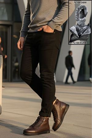 Boy Uzatan Gizli Topuk Kahve Fermuarlı İçi Kürklü Hakiki Deri Erkek Bot