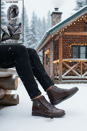 Boy Uzatan Gizli Topuk Kahve Fermuarlı İçi Kürklü Hakiki Deri Erkek Bot