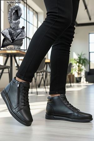 Boy Uzatan Gizli Topuk Siyah Fermuarlı İçi Kürklü Hakiki Deri Erkek Bot