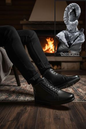 Boy Uzatan Gizli Topuk Siyah Fermuarlı İçi Kürklü Hakiki Deri Erkek Bot