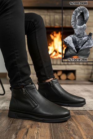 Boy Uzatan Gizli Topuk Siyah Çift Fermuarlı İçi Kürklü Hakiki Deri Erkek Bot