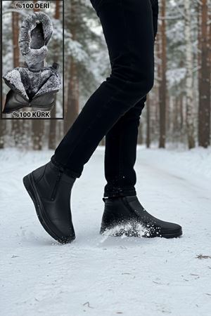 Boy Uzatan Gizli Topuk Siyah Çift Fermuarlı İçi Kürklü Hakiki Deri Erkek Bot