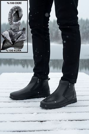 Boy Uzatan Gizli Topuk Siyah Çift Fermuarlı İçi Kürklü Hakiki Deri Erkek Bot
