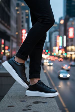 Boy Uzatan Gizli Topuk Siyah Beyaz Yüksek Taban Erkek Spor Ayakkabı