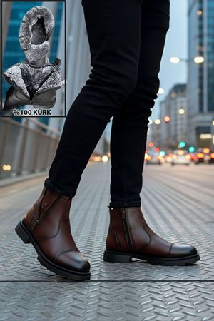 Boy Uzatan Gizli Topuk Kahve İçi Kürklü Fermuarlı Chelsea Hakiki Deri Erkek Bot