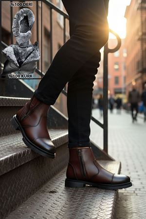 Boy Uzatan Gizli Topuk Kahve İçi Kürklü Fermuarlı Chelsea Hakiki Deri Erkek Bot