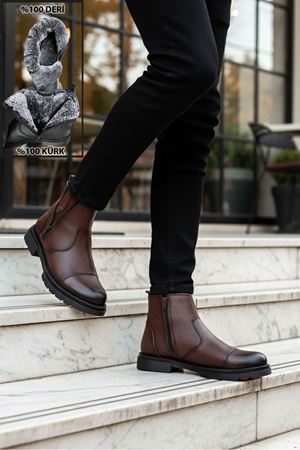 Boy Uzatan Gizli Topuk Kahve İçi Kürklü Fermuarlı Chelsea Hakiki Deri Erkek Bot