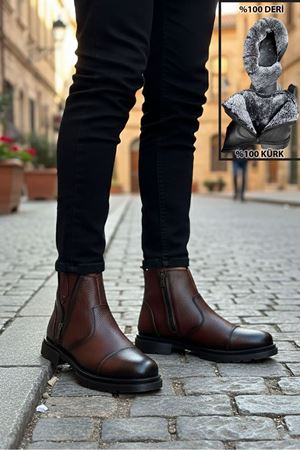 Boy Uzatan Gizli Topuk Kahve İçi Kürklü Fermuarlı Chelsea Hakiki Deri Erkek Bot