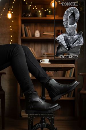 Boy Uzatan Gizli Topuk Siyah İçi Kürklü Fermuarlı Chelsea Hakiki Deri Erkek Bot