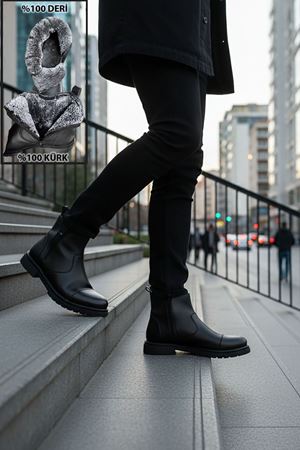 Boy Uzatan Gizli Topuk Siyah İçi Kürklü Fermuarlı Chelsea Hakiki Deri Erkek Bot