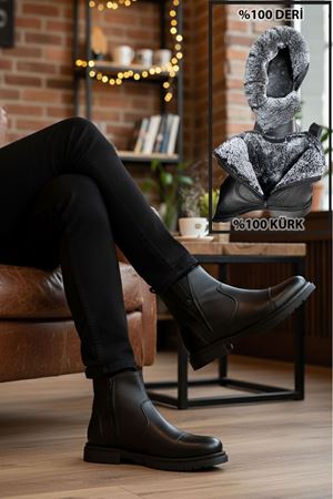 Boy Uzatan Gizli Topuk Siyah İçi Kürklü Fermuarlı Chelsea Hakiki Deri Erkek Bot