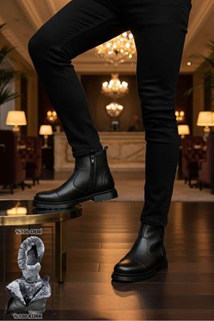 Boy Uzatan Gizli Topuk Siyah İçi Kürklü Fermuarlı Chelsea Hakiki Deri Erkek Bot