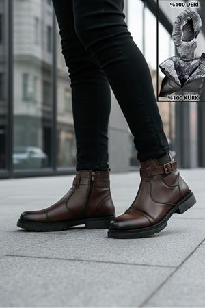 Boy Uzatan Gizli Topuk Kahve İçi Kürklü Fermuarlı Hakiki Deri Erkek Bot