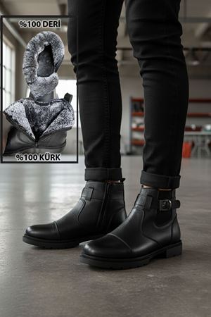 Boy Uzatan Gizli Topuk Siyah İçi Kürklü Fermuarlı Hakiki Deri Erkek Bot