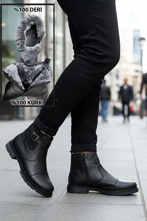 Boy Uzatan Gizli Topuk Siyah İçi Kürklü Fermuarlı Hakiki Deri Erkek Bot