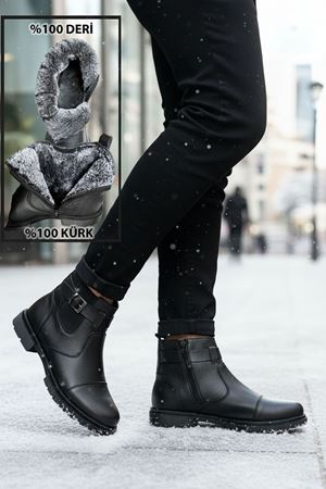 Boy Uzatan Gizli Topuk Siyah İçi Kürklü Fermuarlı Hakiki Deri Erkek Bot