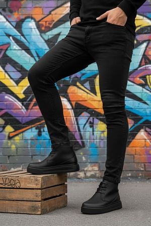 Boy Uzatan Gizli Topuk Spor Bot Model Yüksek Taban Siyah Erkek Ayakkabı